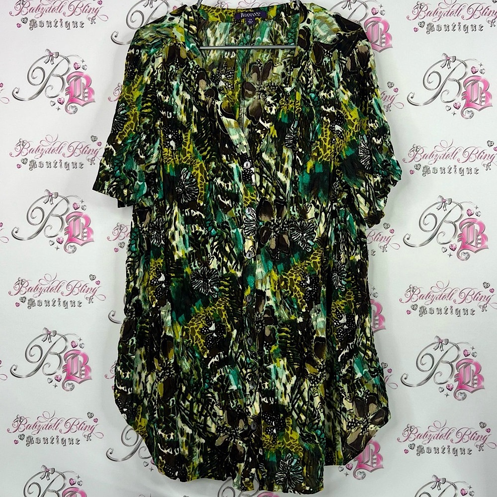 Roaman's button down shirt mini dress Green and Brown Patterned Blouse